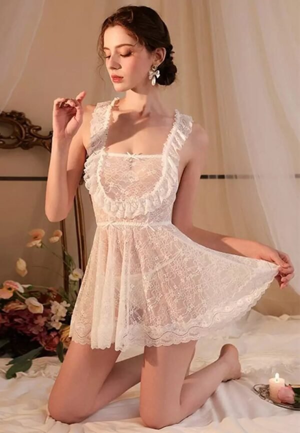 V-Neck Sexy Women Nightdress Lace Hollow Out Fashion Sleepwear+T Pant Suit - Image 2