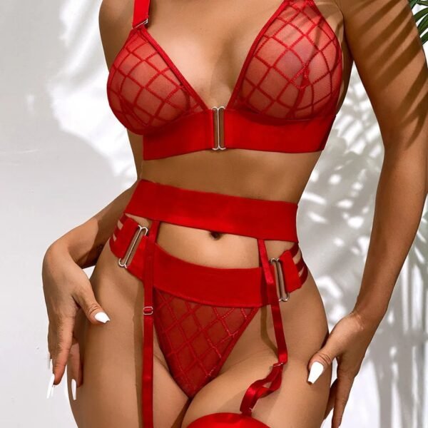 Plaid Sensual Lingerie With Transparent Sexy Bra And Set Woman 5 Pieces See Through Underwear - Image 3